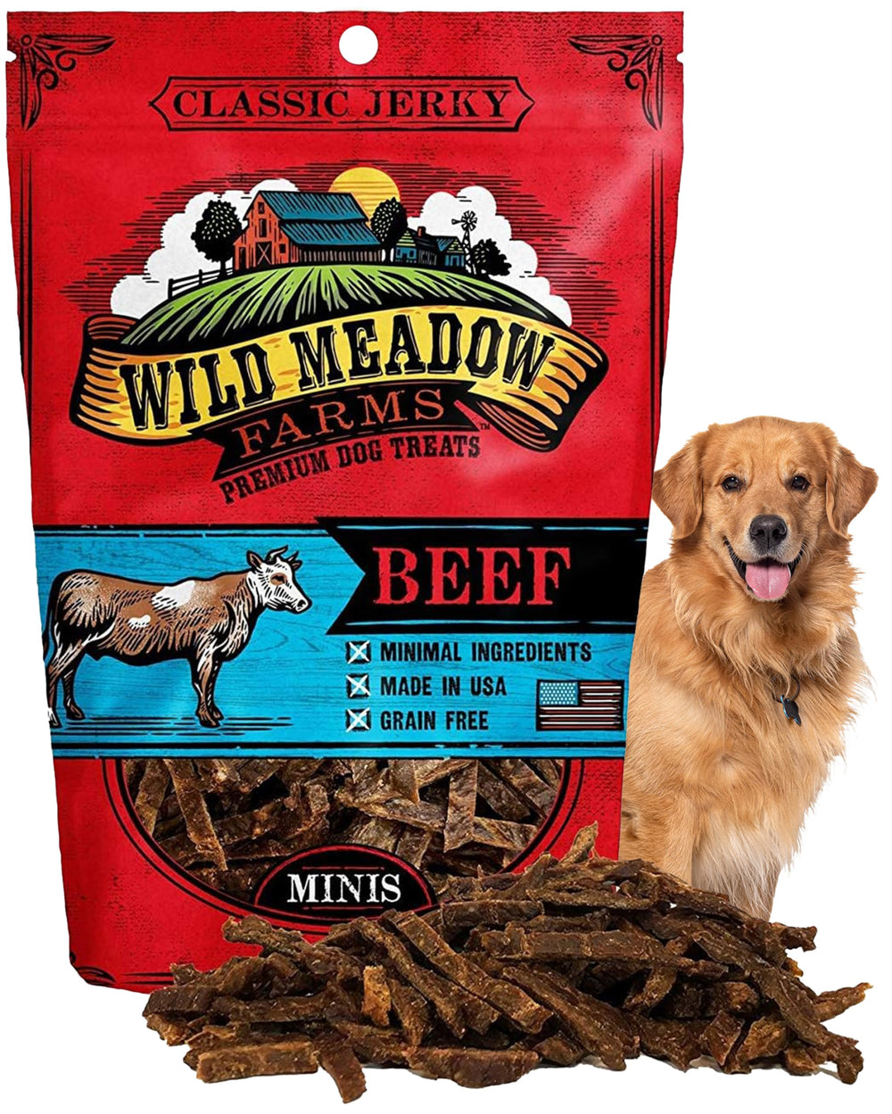 Wild Meadow Farms Classic Beef Minis pack shows soft jerky texture for easy chewing and training rewards