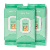 Wild One eucalyptus dog wipes pack closeup with resealable lid for easy cleaning.