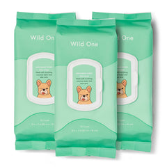 Wild One eucalyptus dog wipes pack closeup with resealable lid for easy cleaning.