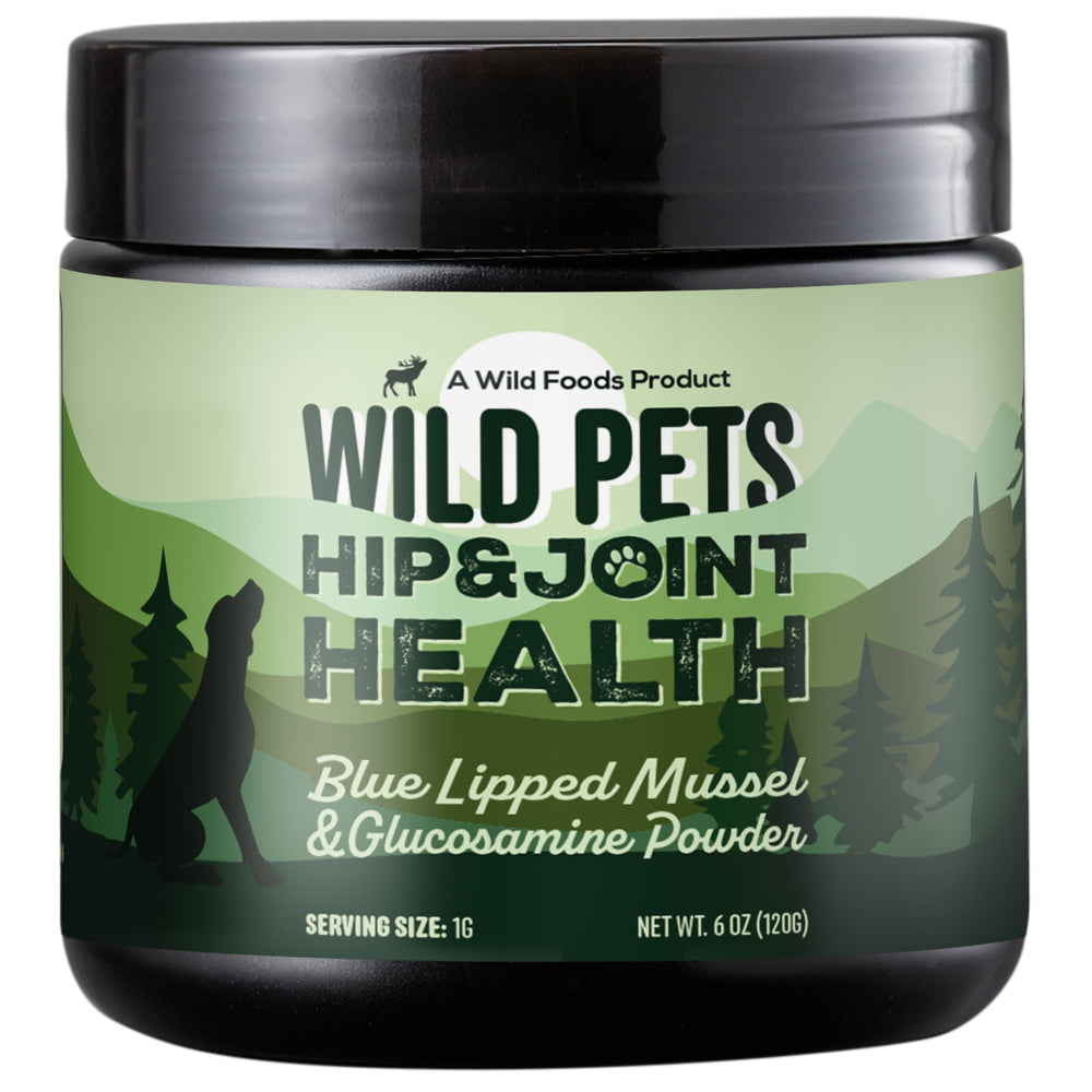Wild Pets Blue Lipped Mussel bottle showing high-protein joint support for dogs.