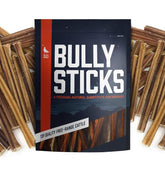 Wild Wolf 6-inch Angus Bully Sticks packaging shows 8–10 sticks, long-lasting dog chew
