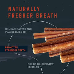 Wild Wolf Angus Bully Stick tartar-removal visual conveys dental benefits during treat time