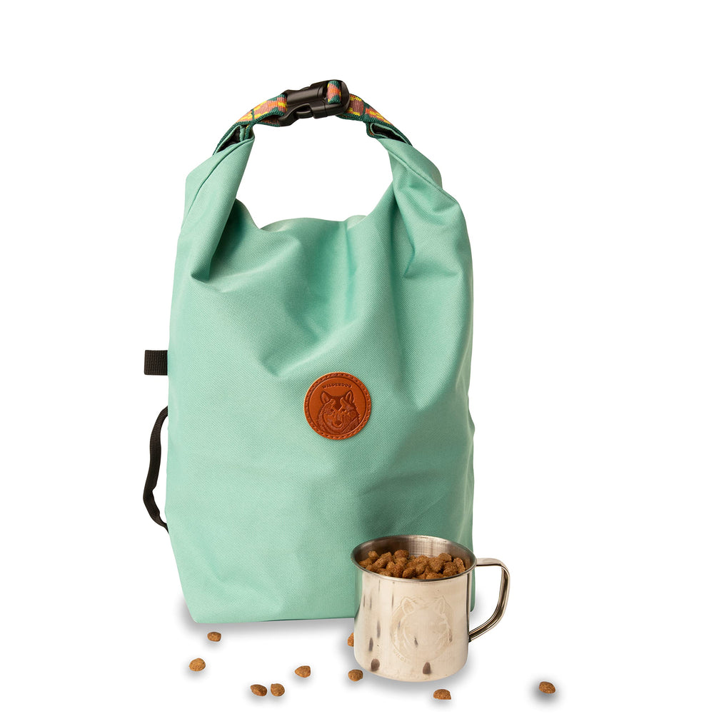 Wilderdog Doggie Bag seafoam mug for kibble scooping on hikes.