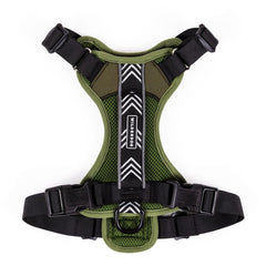 Wilderdog olive overhead-fit harness shows secure, comfortable everyday walks