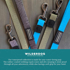 Wilderdog tie-dye leash in rain and dirt conditions demonstrates repellence on trails.