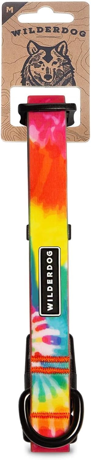 Wilderdog tie-dye waterproof collar closeup showing water and dirt repellent coating for outdoor adventures.