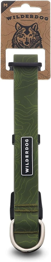 Wilderdog waterproof dog collar olive closeup shows water-repellent webbing for outdoor adventures.