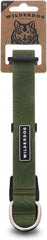 Wilderdog waterproof dog collar olive closeup shows water-repellent webbing for outdoor adventures.