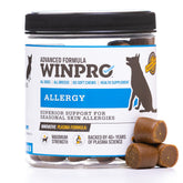 WINPRO Allergy Chews packaging shows grain-free formula for seasonal dog support.