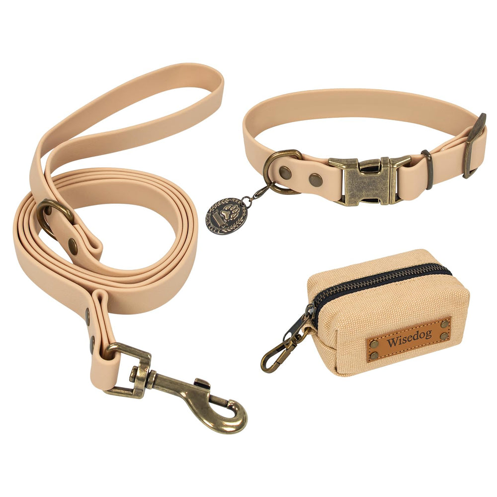Wisedog dog collar and leash set in sand color for all sizes, durable and waterproof.