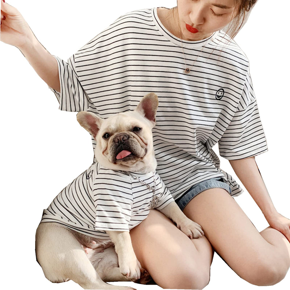 Wiz BBQT matching striped shirt front view for dog and owner for cute photo moments