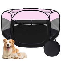 Wn's Day playpen pink front view shows roomy indoor space for pets