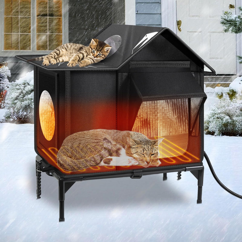 Wn's Day heated cat house exterior view shows a weatherproof shelter ready for outdoors.