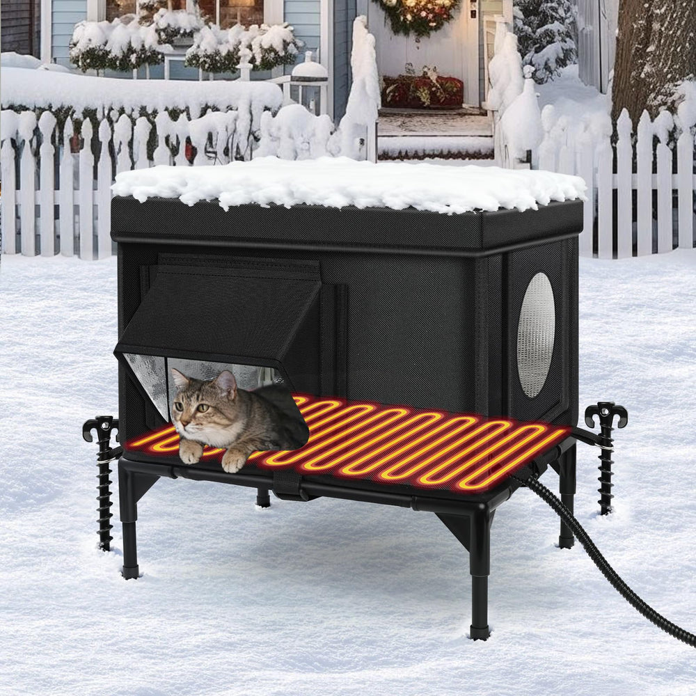 Wn's Day heated outdoor cat house weatherproof side view for cold-weather cats.