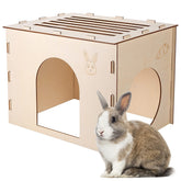 Woiworco wooden rabbit hideout front view highlights carrot patterns and a cozy play space.