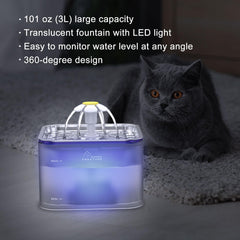 Wonder Creature Crystal Cat Water Fountain shows whisper-quiet pump for peaceful homes.