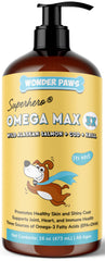 Wonder Paws Fish Oil bottle front promotes overall canine health