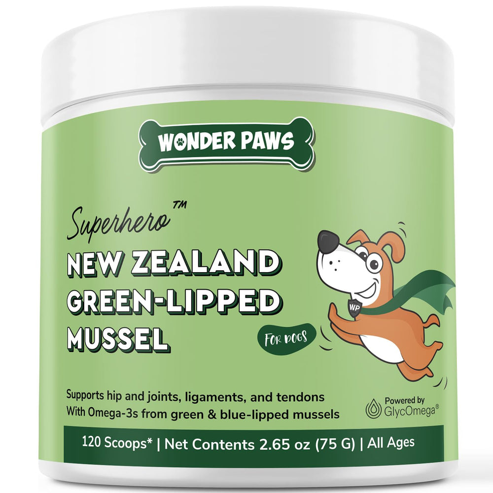 Wonder Paws green-lipped mussels dog bottle shows premium New Zealand source for joint support