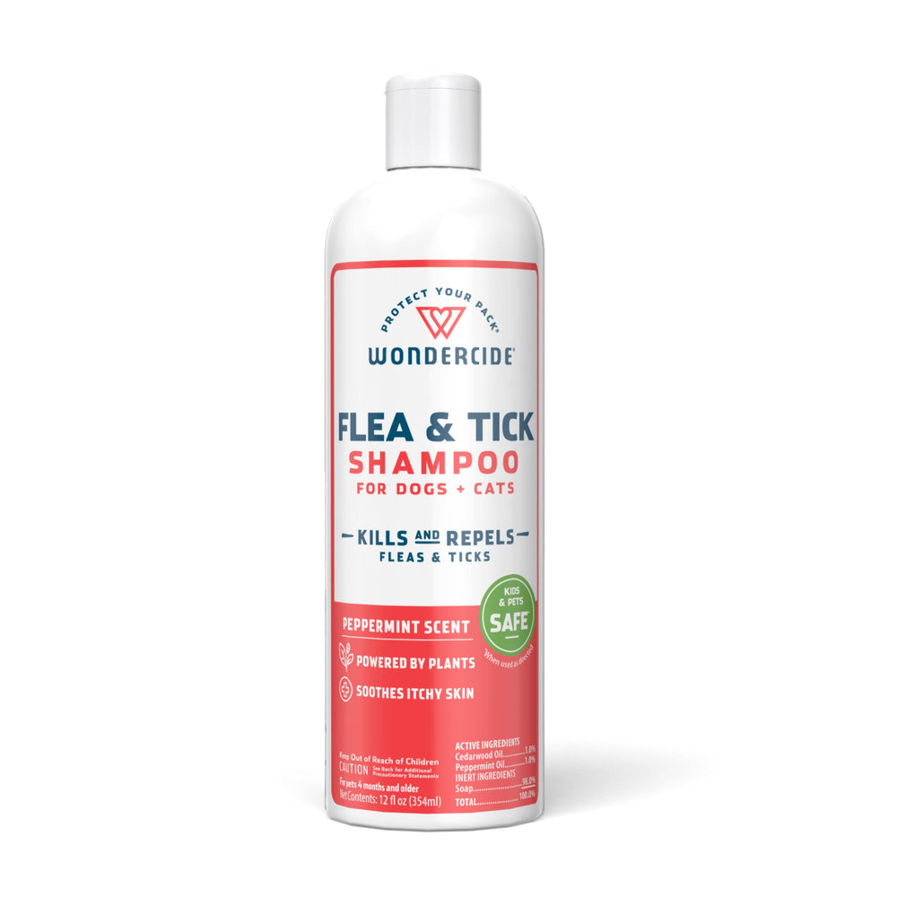 Wondercide flea-tick shampoo bottle pour demonstrates easy application and contact-kill flea protection.