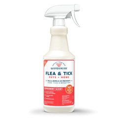 Wondercide peppermint flea tick spray bottle visible, offering natural protection for pets and home.