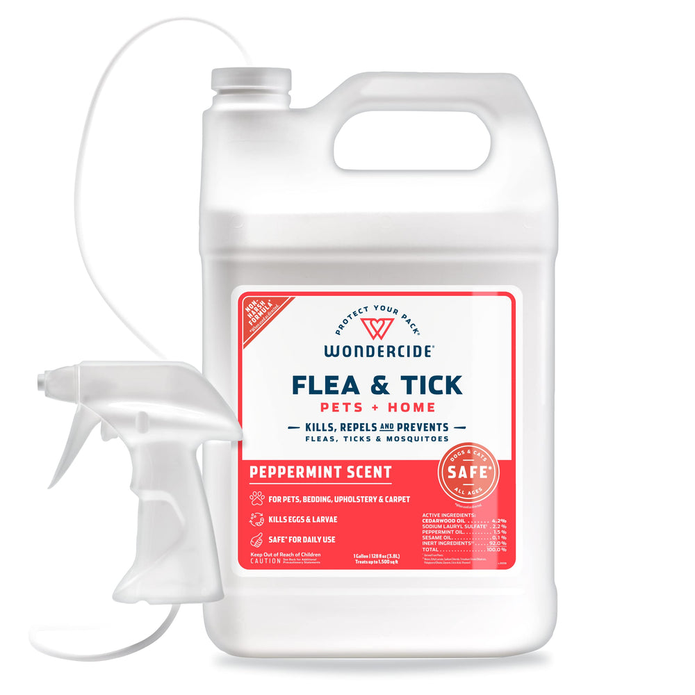 Wondercide peppermint spray bottle demonstrates natural pest control for pets and home.
