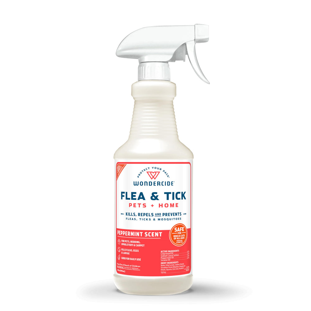 Wondercide peppermint spray bottle for pets supports natural flea and tick prevention.