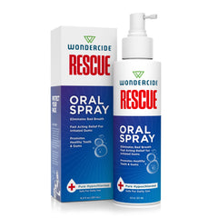 Wondercide Rescue oral spray with extended nozzle delivering precise mist for easy pet dental care.