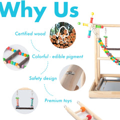 Wondwo bird stand close-up highlights smooth wood finish and chew toys.