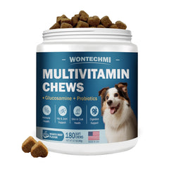 WONTECHMI dog multivitamin wagyu beef chews bottle showing weekly supply for daily wellness