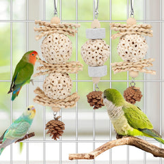 Wontee bird toys sola-ball-closeup shows natural chew and foraging.