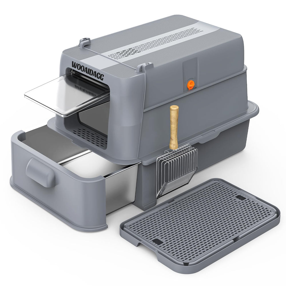 Wooaidagg enclosed stainless-steel litter box with drawer for easy scooping and mess-free maintenance.