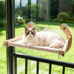 Wooden cat window perch oak base shows sturdy construction for safe indoor lounging