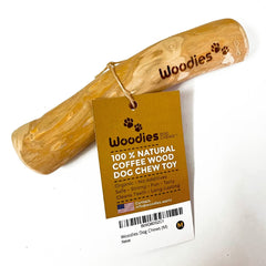 Woodies Dog Chews XL packshot shows a durable coffee wood toy for large dogs.