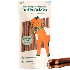 WOOF Bully Sticks 12in pack promotes lasting chew sessions and dog enrichment.
