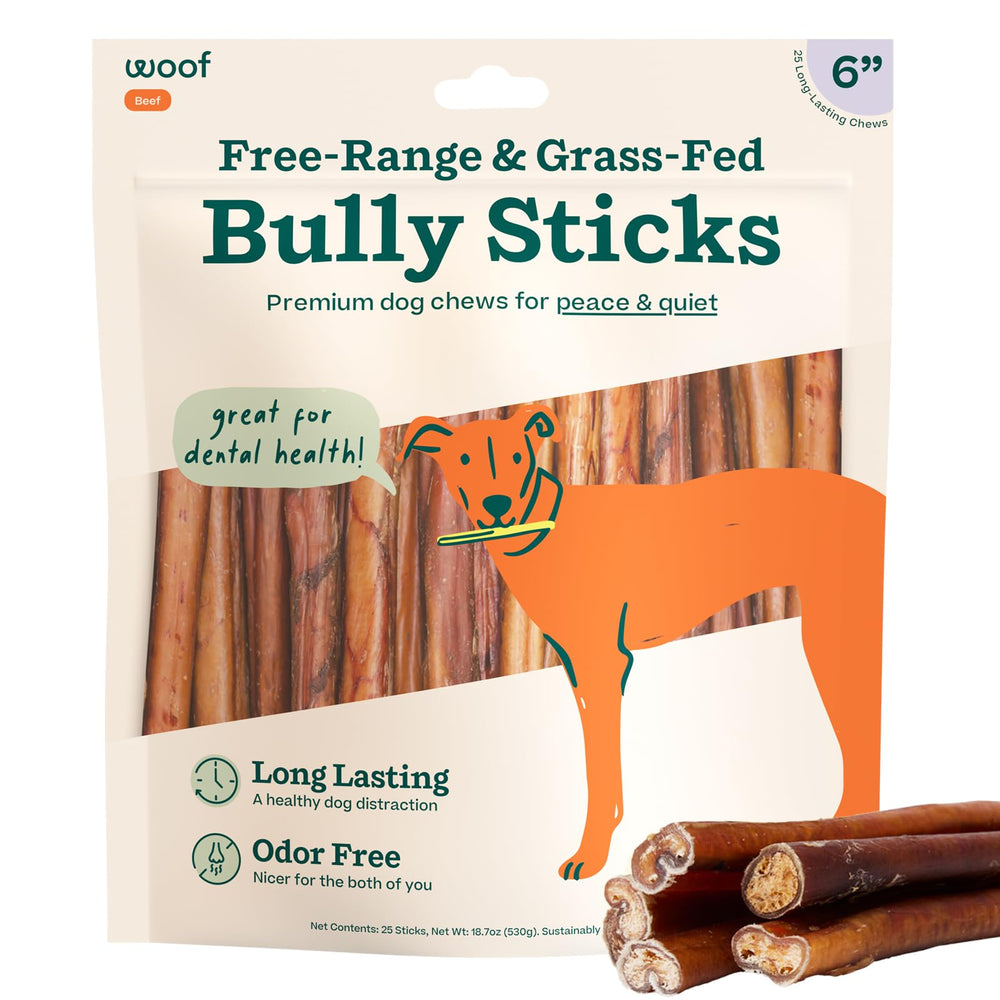 WOOF bully sticks 6inch 25pk pack offers long-lasting enrichment for dogs.