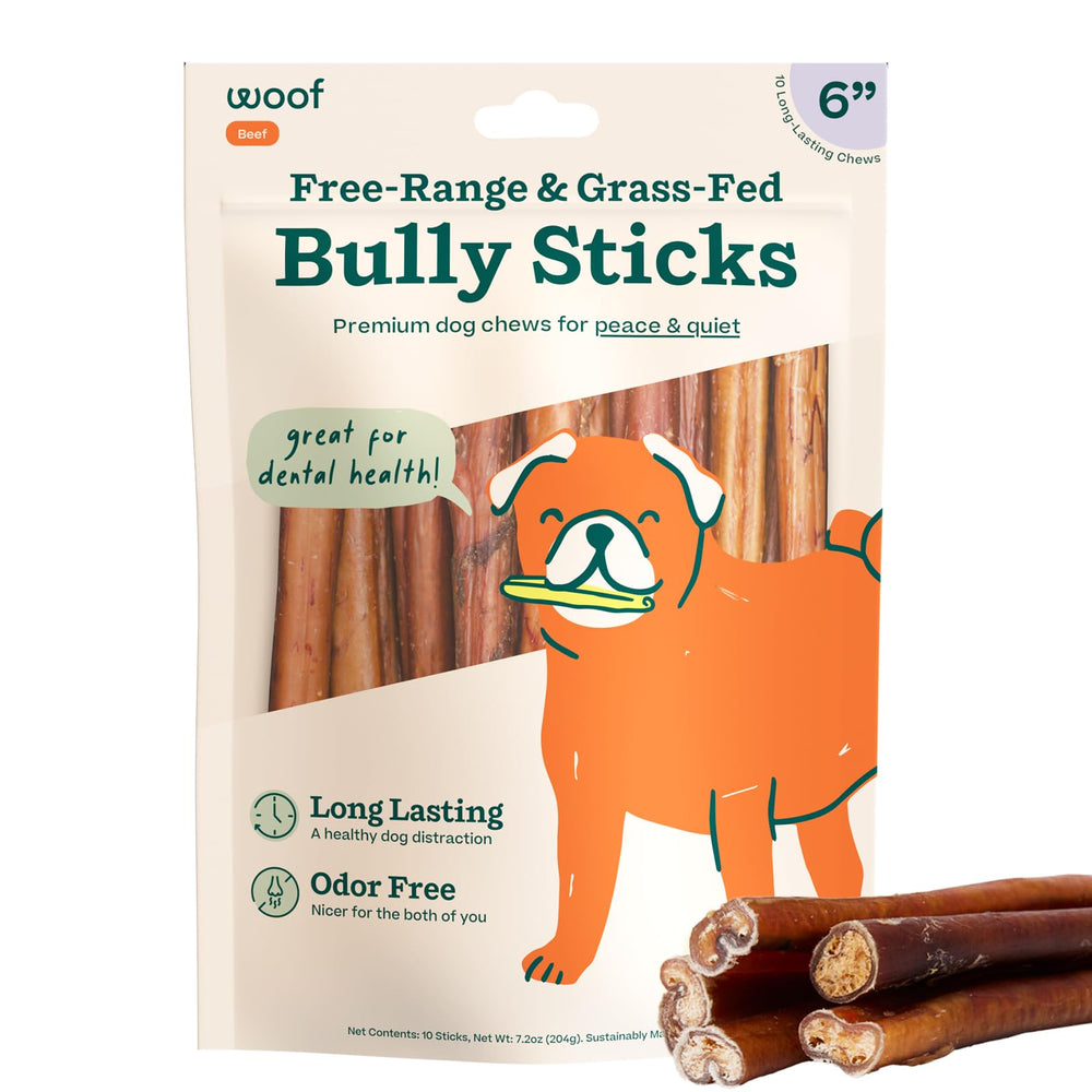WOOF bully sticks 6-inch pack supports long-lasting enrichment chewing.