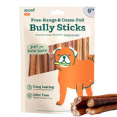 WOOF bully sticks 6-inch pack supports long-lasting enrichment chewing.