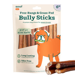 WOOF bully sticks 6-inch pack supports long-lasting enrichment chewing.