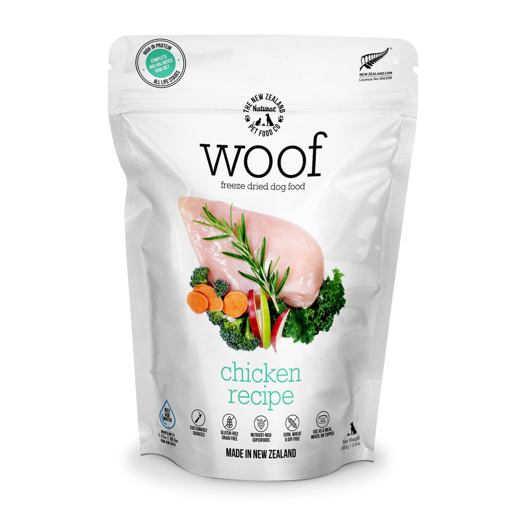 The New Zealand Natural Pet Food Co WOOF freeze-dried chicken bites for training rewards.