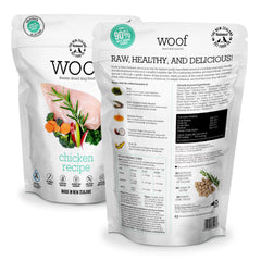 WOOF freeze-dried chicken toppers illustration for meal boosts.