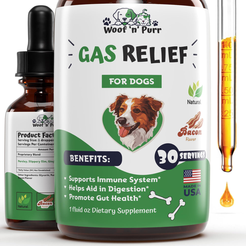 Woof 'n' Purr dog gas relief tincture bottle for fast comfort.