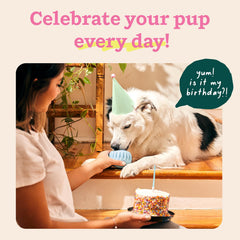 WOOF Party Pupsicle Buddy Blue being opened for spill-free filling.
