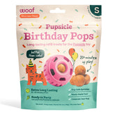 WOOF Pupsicle Birthday Pops packaging highlights cake-flavored dog treats for celebrations.