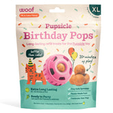 WOOF Pupsicle Birthday Pops packaging highlights wholesome ingredients for a dog-safe celebration.