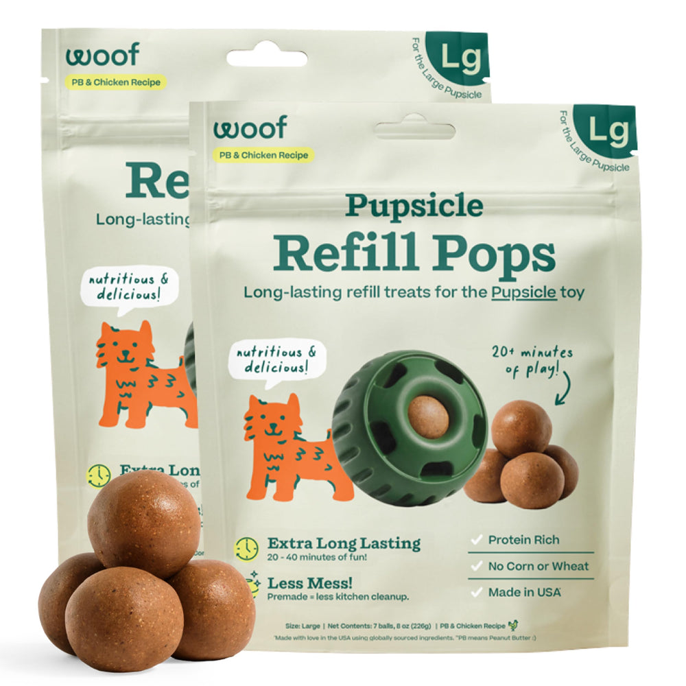 WOOF Pupsicle Refill Pops seven-count pack delivers long-lasting dog treats for focused play.
