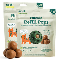 WOOF Pupsicle Refill Pops seven-count pack delivers long-lasting dog treats for focused play.