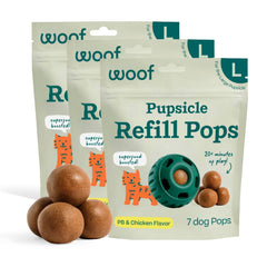 WOOF Pupsicle Refills pack for long-lasting dog entertainment on the go.