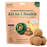 WOOF Pupsicle Refills packaging promotes long-lasting playtime and nutritional support for dogs.