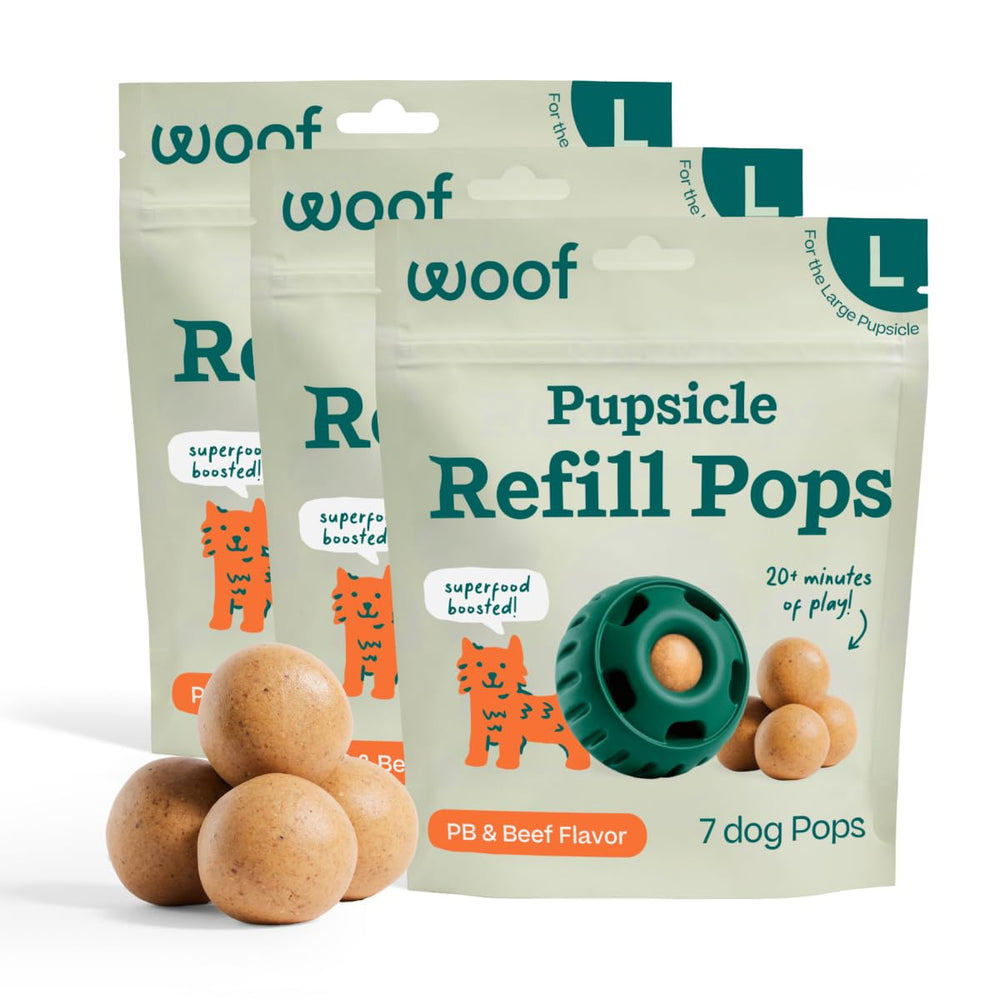 WOOF Pupsicle Refill Pops packaging demonstrates convenient shelf-stable dog treats.
