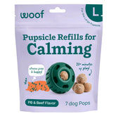 WOOF Pupsicle Refill Pops packaging showcases ready-to-use calming treats for dogs.